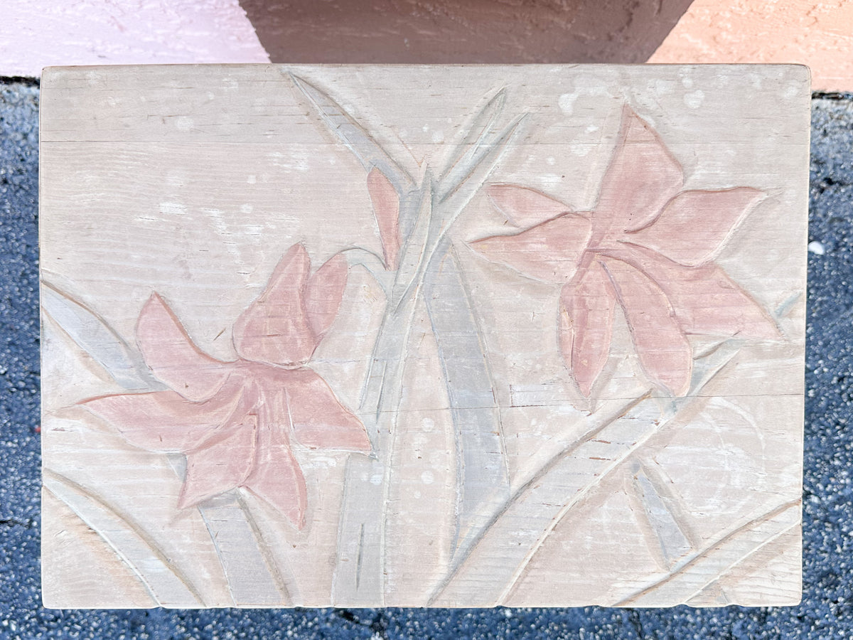 Wood Carved Pastel Floral Box on Stand