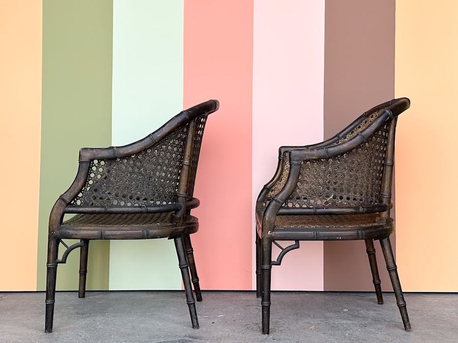 Pair of Handsome Cane and Faux Bamboo Barrel Chairs