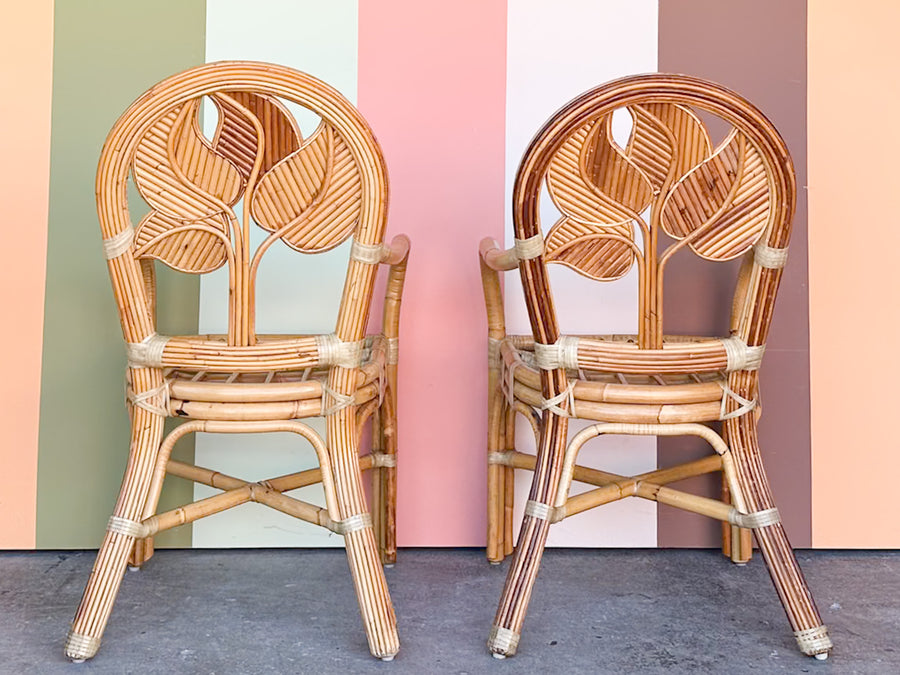 Pair of Island Style Palm Leaf Rattan Arm Chairs