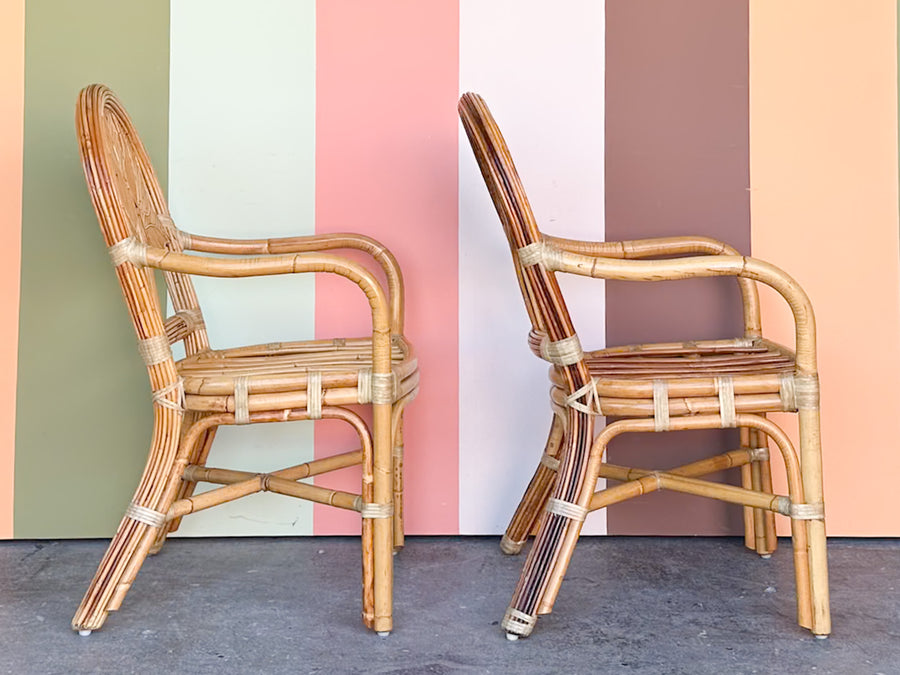 Pair of Island Style Palm Leaf Rattan Arm Chairs