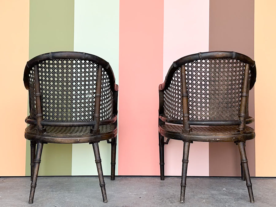 Pair of Handsome Cane and Faux Bamboo Barrel Chairs