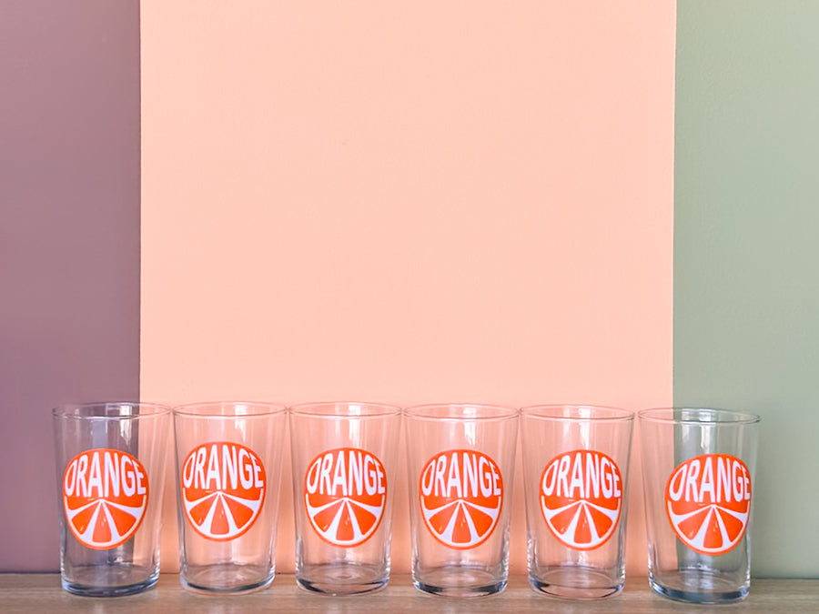 Set of Six Orange Juice Glasses and Pitcher