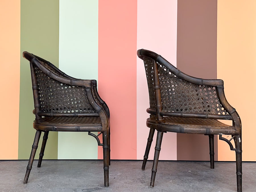 Pair of Handsome Cane and Faux Bamboo Barrel Chairs