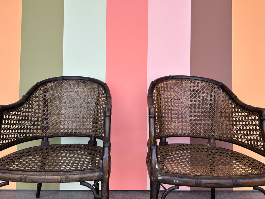 Pair of Handsome Cane and Faux Bamboo Barrel Chairs