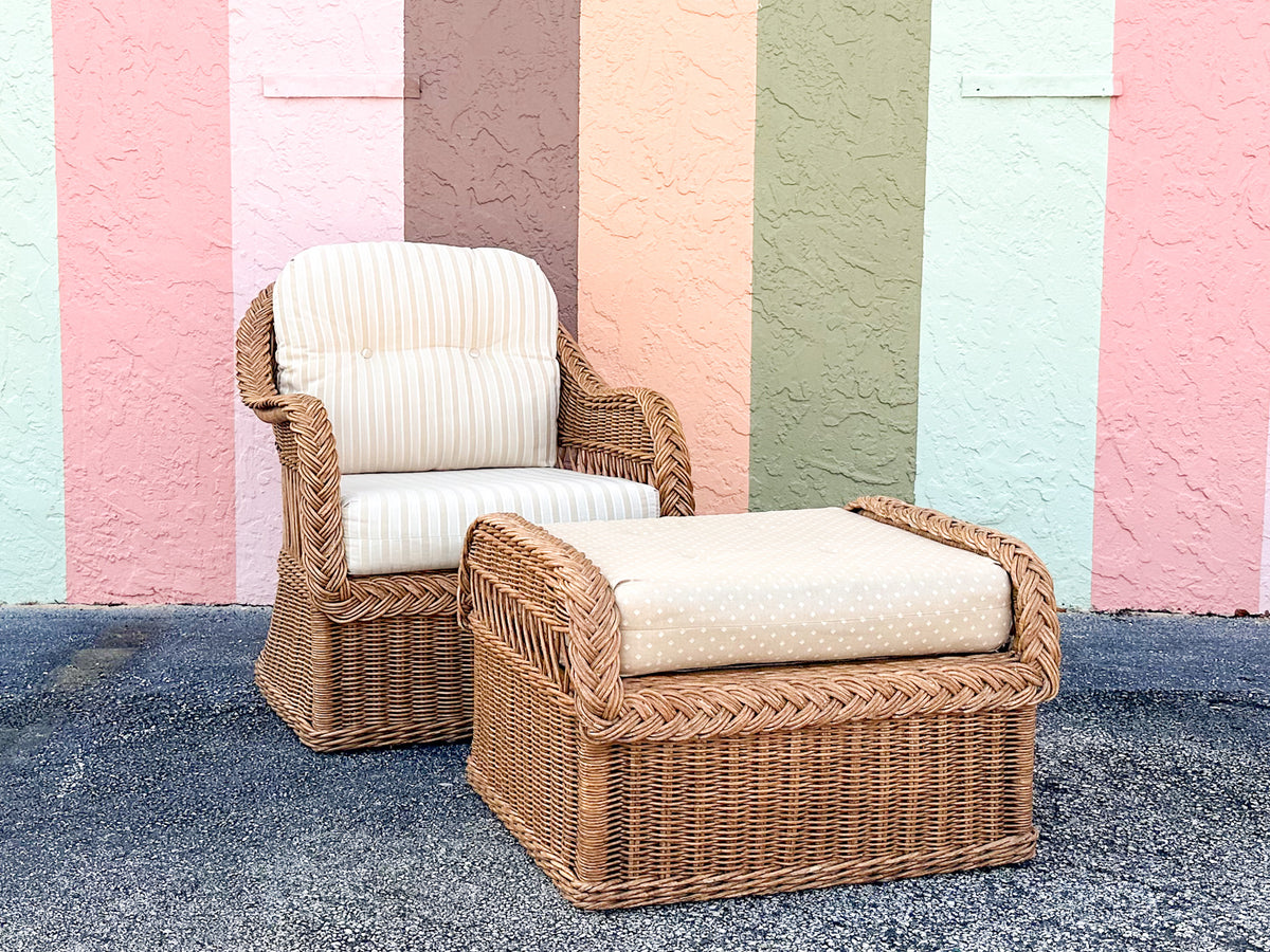 Braided Rattan Lounge Chair and Ottoman