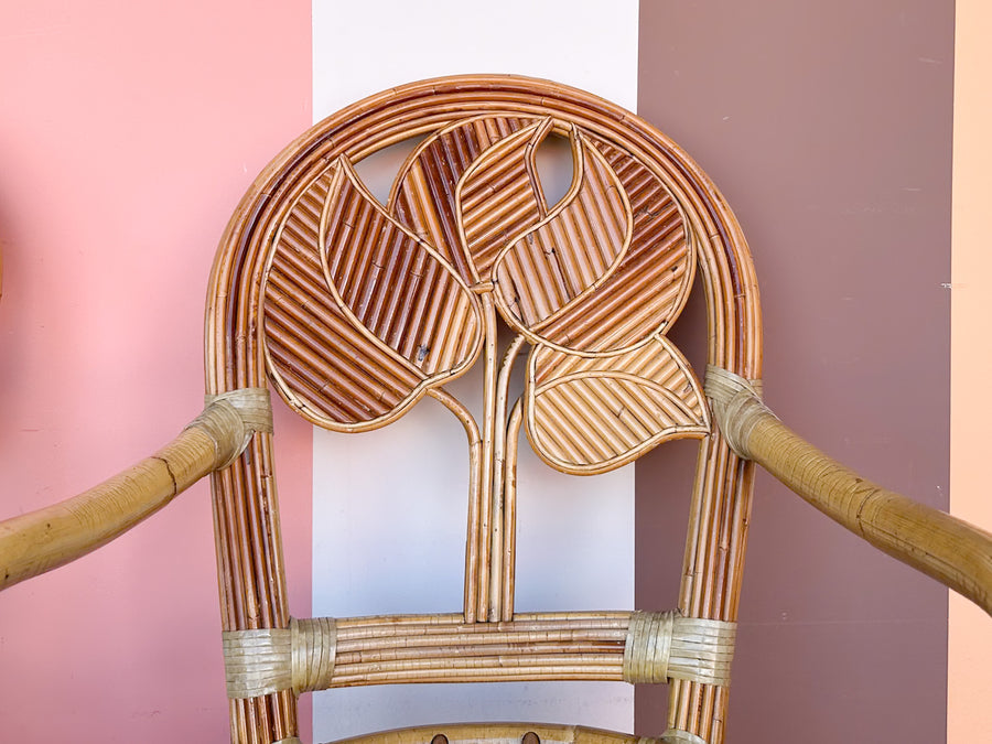 Pair of Island Style Palm Leaf Rattan Arm Chairs