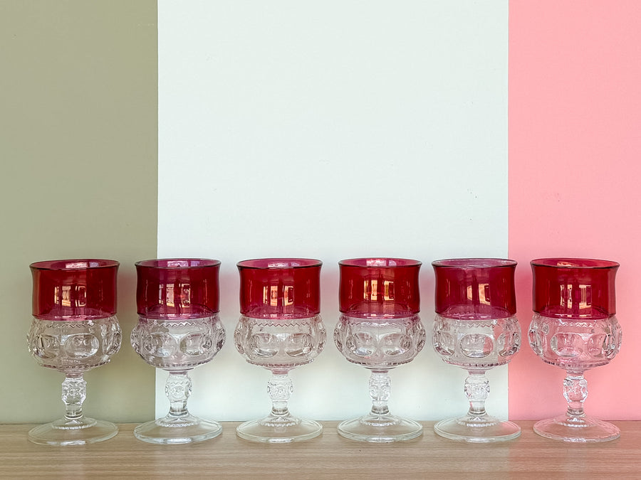 Set of Twenty Two Ruby Red 1960s Kings Crown Glassware