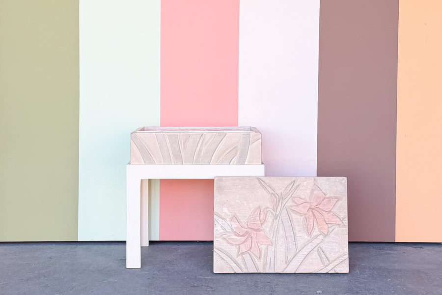 Wood Carved Pastel Floral Box on Stand