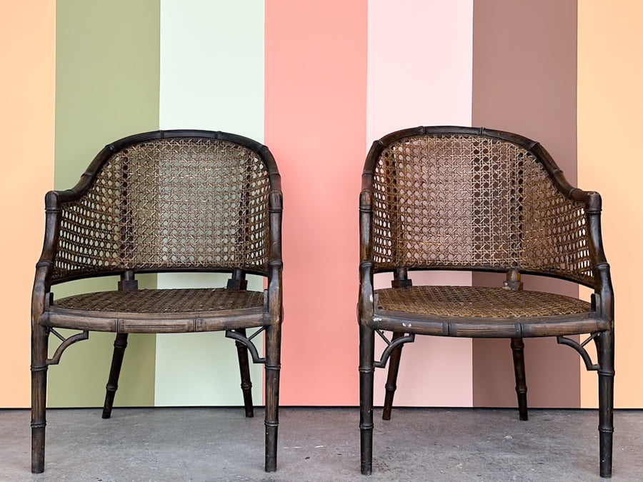 Pair of Handsome Cane and Faux Bamboo Barrel Chairs