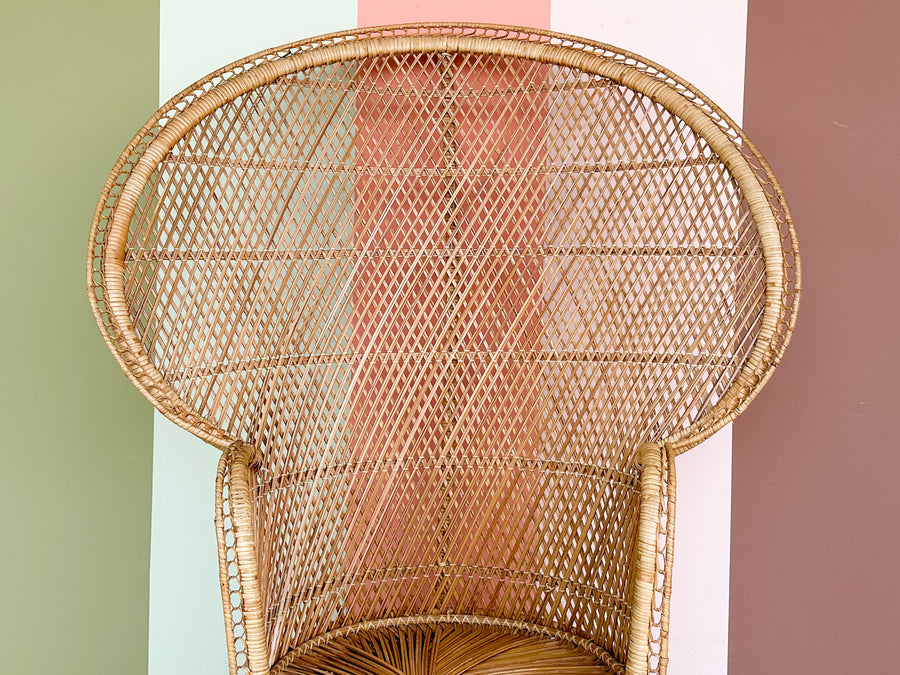 So 70’s Rattan Peacock Chair and Side Table
