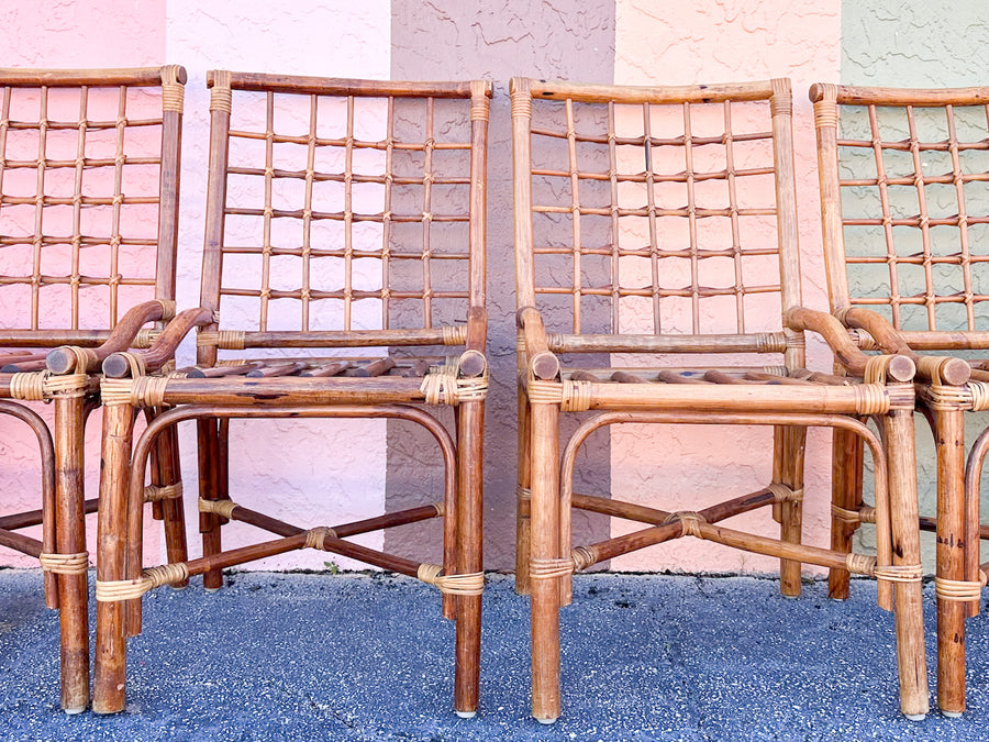 Set of Six Grid Back Rattan Dining Chairs
