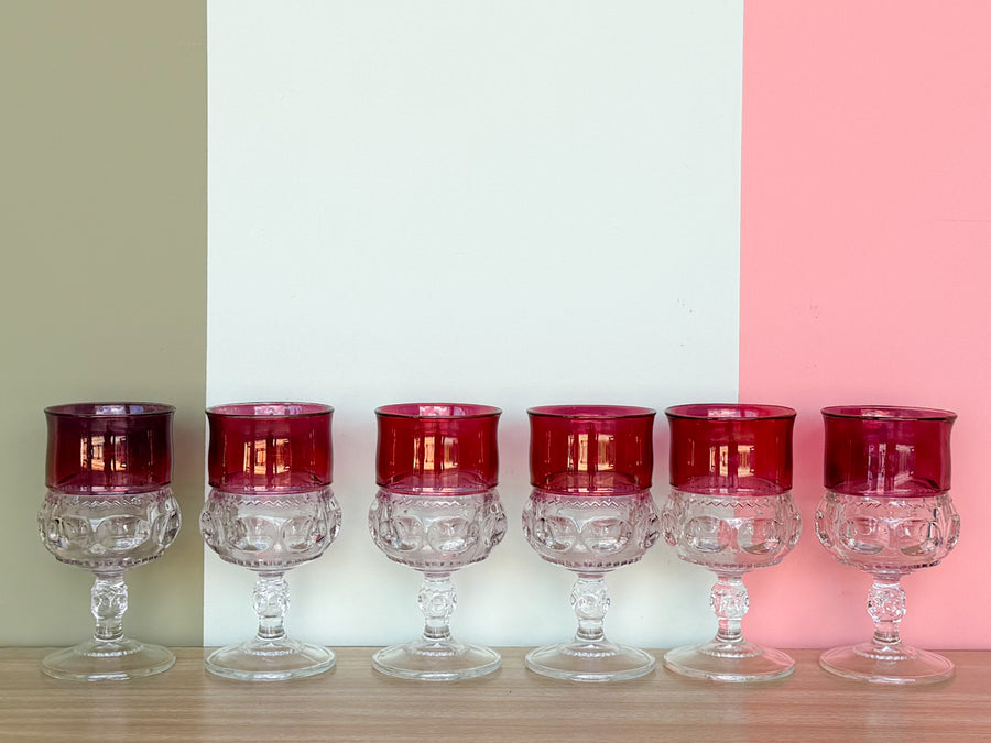 Set of Twenty Two Ruby Red 1960s Kings Crown Glassware