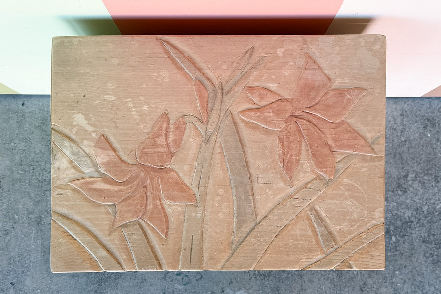 Wood Carved Pastel Floral Box on Stand