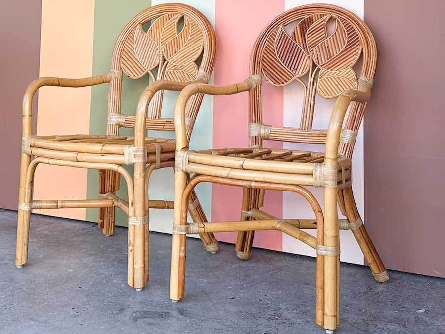 Pair of Island Style Palm Leaf Rattan Arm Chairs