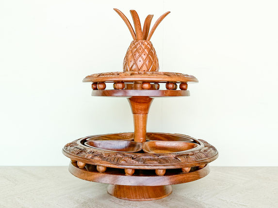 Two Tier Pineapple Wood Carved Serving Dish