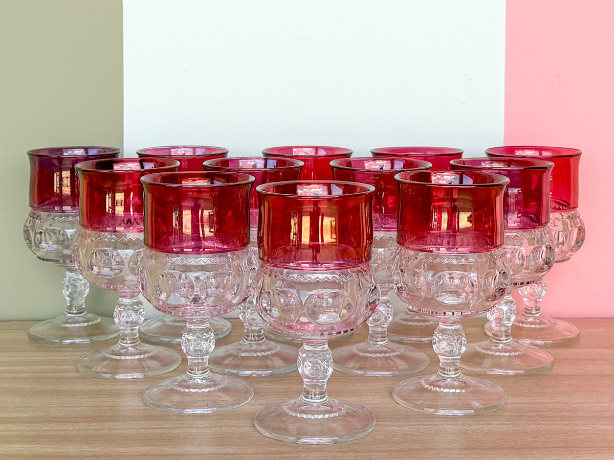 Set of Twenty Two Ruby Red 1960s Kings Crown Glassware