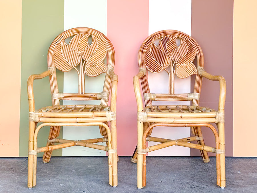 Pair of Island Style Palm Leaf Rattan Arm Chairs