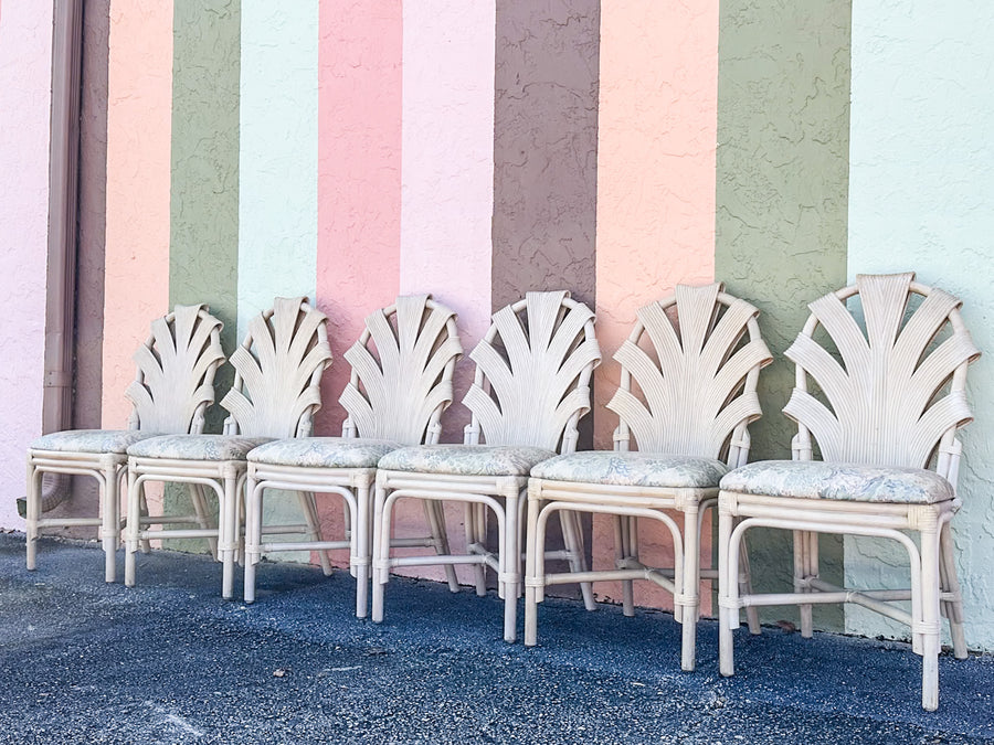 Set of Six Pencil Reed Rattan Dining Chairs
