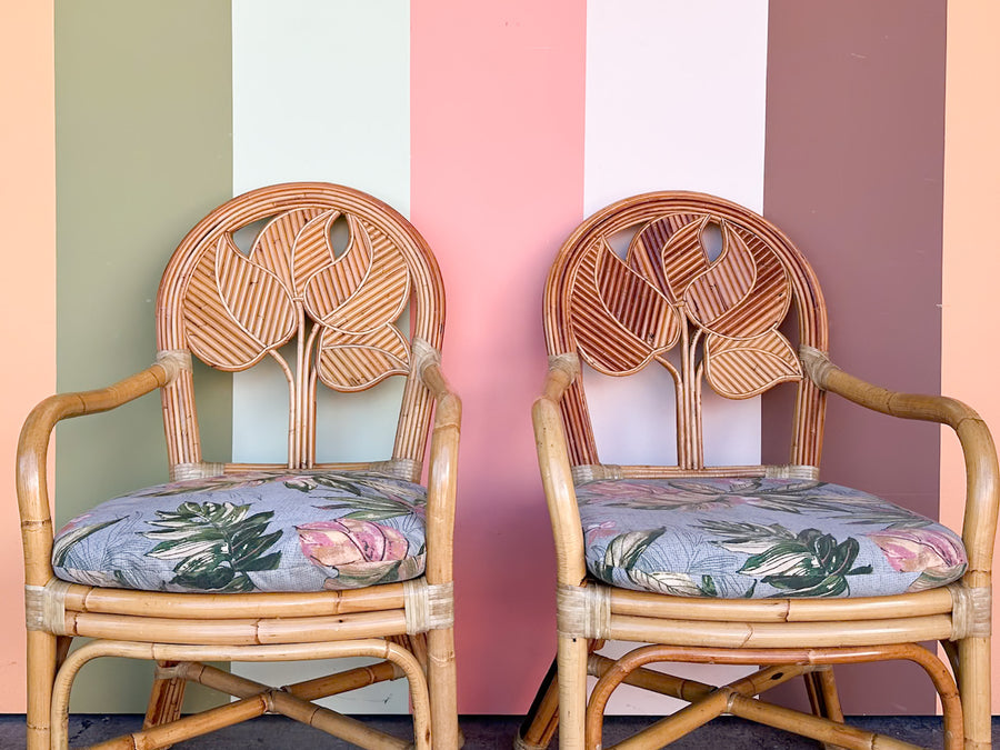 Pair of Island Style Palm Leaf Rattan Arm Chairs