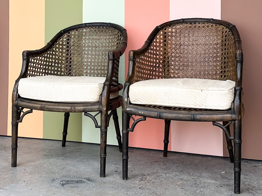 Pair of Handsome Cane and Faux Bamboo Barrel Chairs