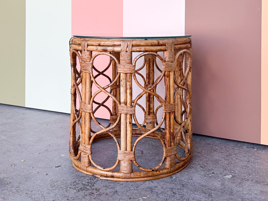 Tortoiseshell Rattan Drum Side Table