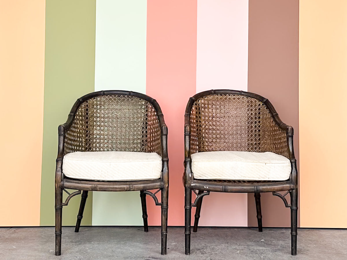 Pair of Handsome Cane and Faux Bamboo Barrel Chairs