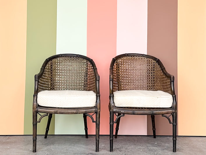 Pair of Handsome Cane and Faux Bamboo Barrel Chairs