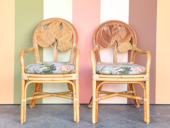 Pair of Island Style Palm Leaf Rattan Arm Chairs