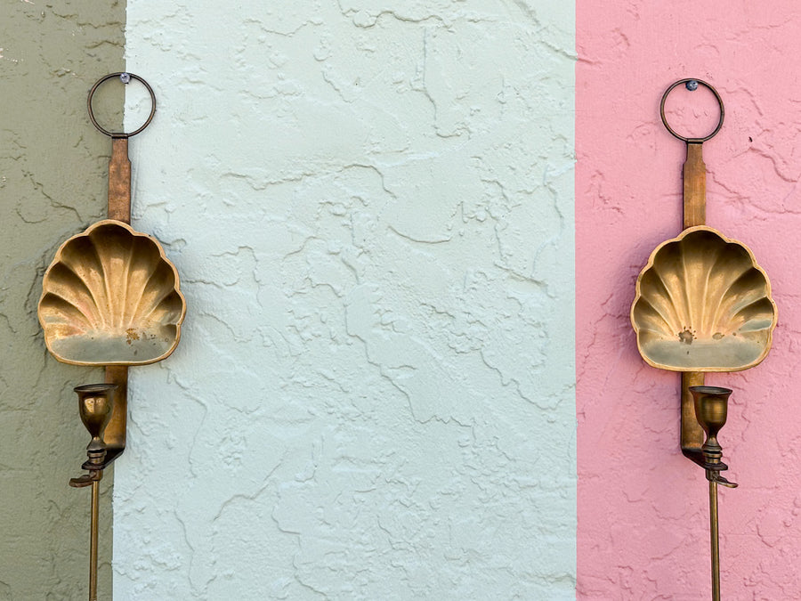 Pair of Brass Shell Wall Candle Holders