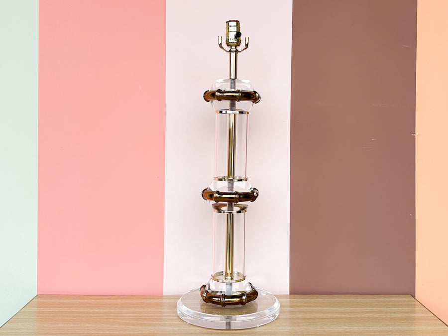 Large Lucite and Brass Faux Bamboo Lamp