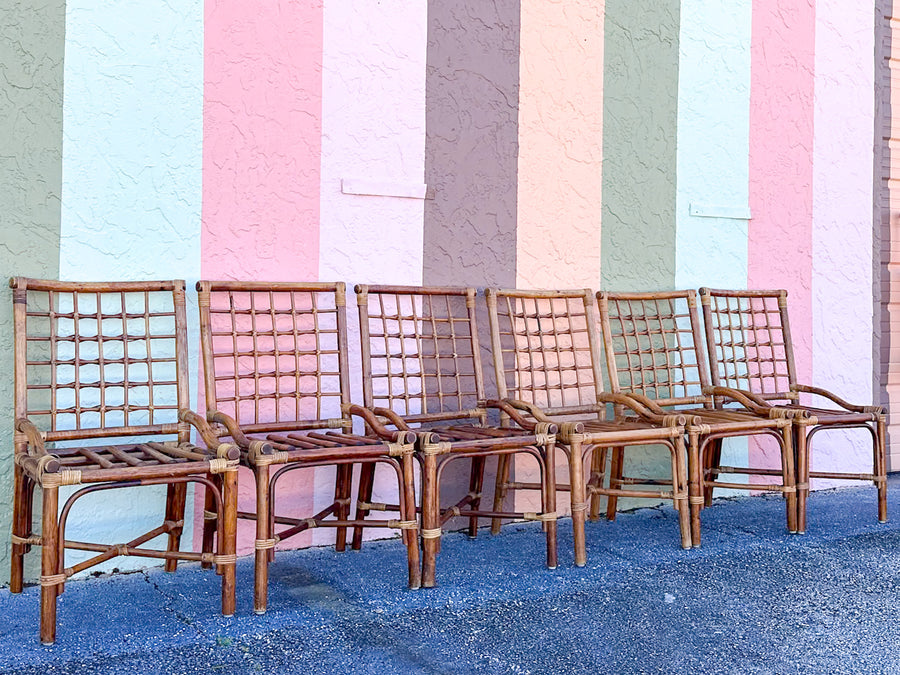 Set of Six Grid Back Rattan Dining Chairs