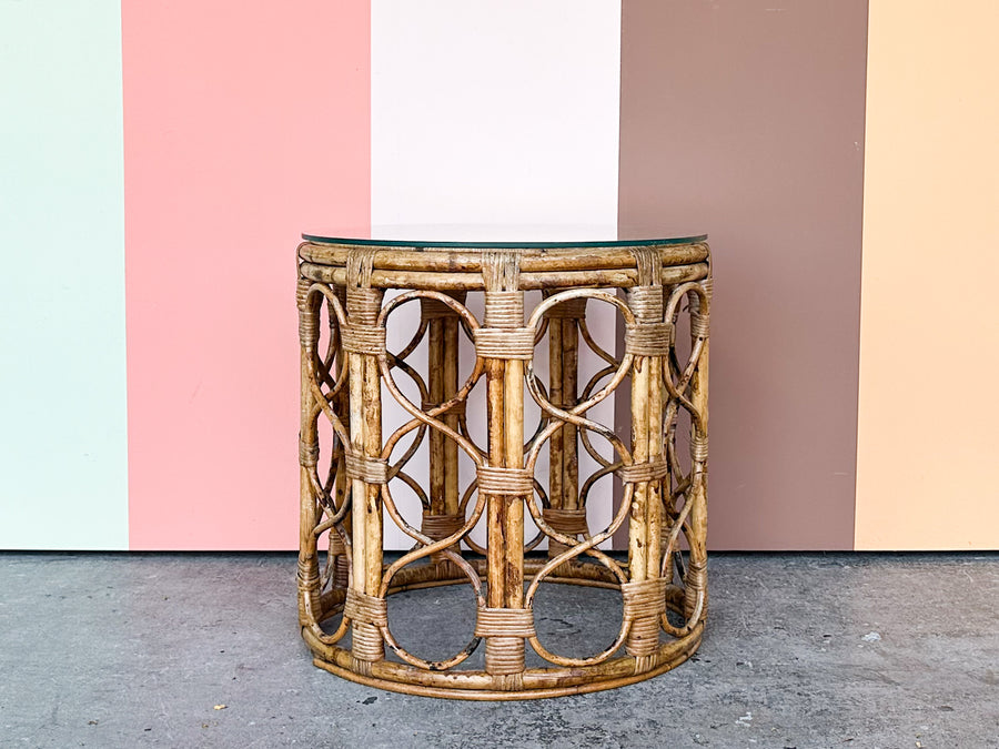 Tortoiseshell Rattan Drum Side Table