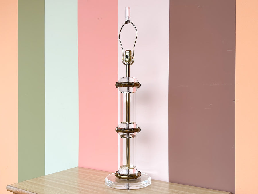 Large Lucite and Brass Faux Bamboo Lamp