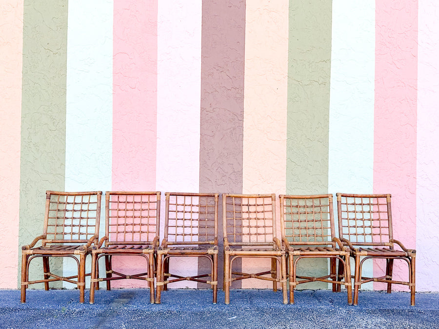 Set of Six Grid Back Rattan Dining Chairs
