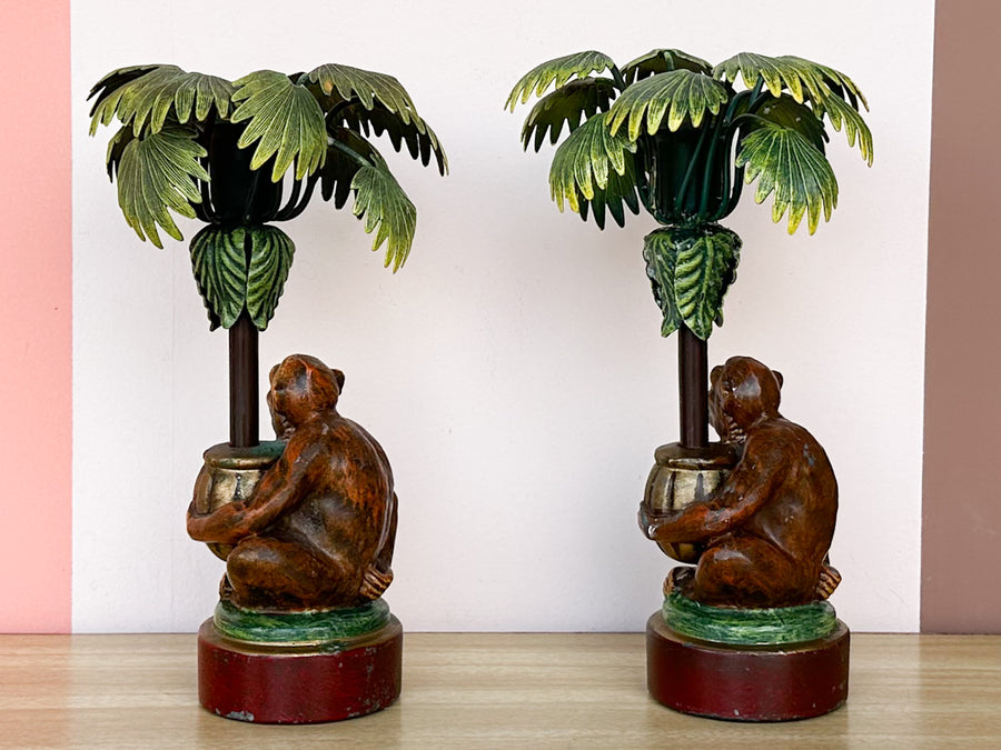 Pair of Monkey and Palm Tree Candle Holders