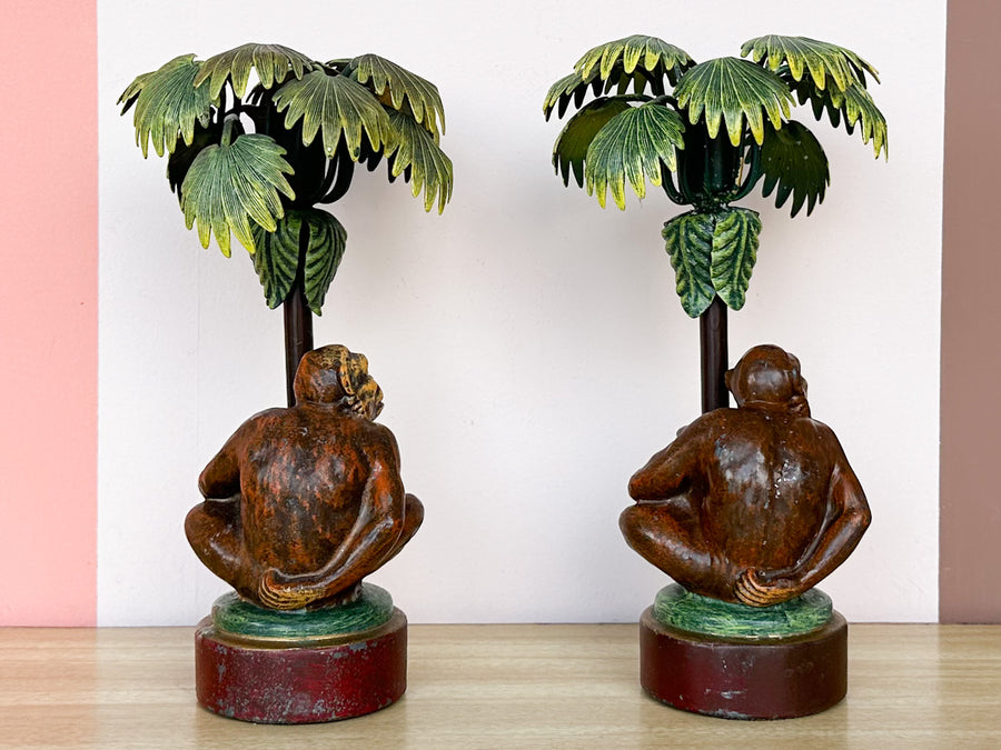 Pair of Monkey and Palm Tree Candle Holders