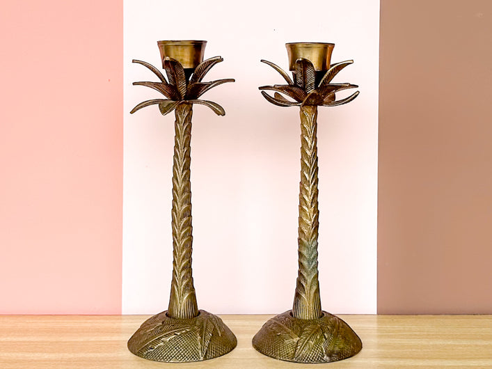 Pair of Brass Palm Tree Candlesticks