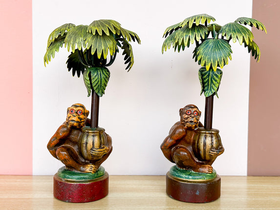 Pair of Monkey and Palm Tree Candle Holders