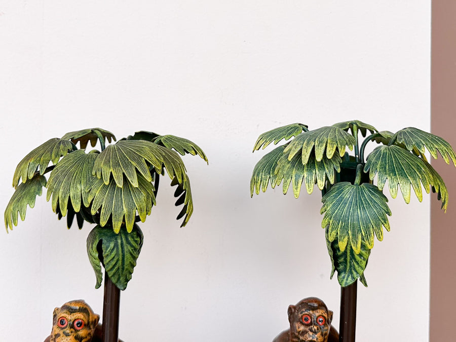 Pair of Monkey and Palm Tree Candle Holders