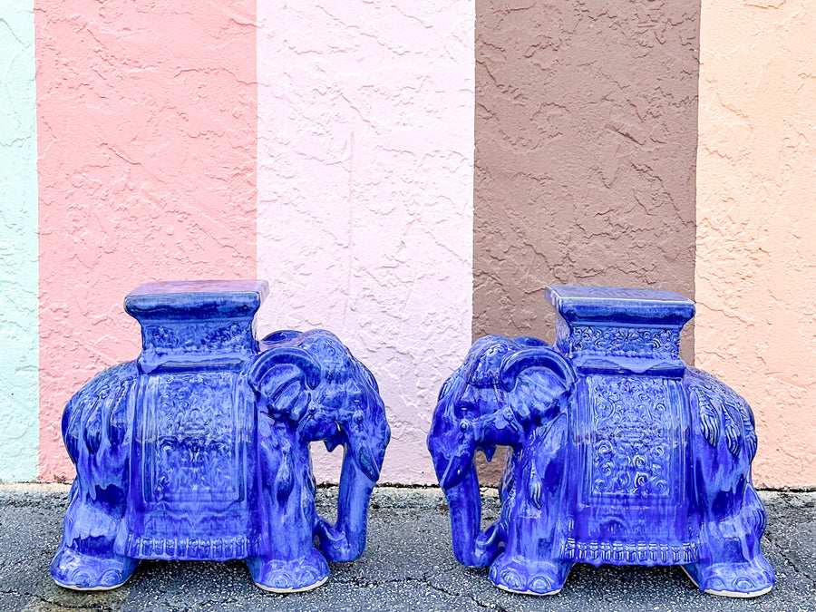 Pair of Royal Blue Ceramic Elephants