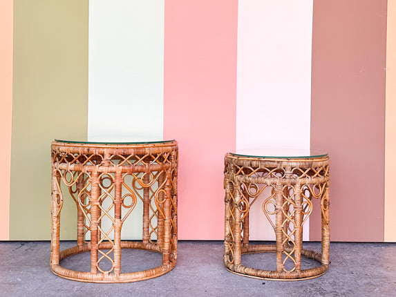 Pair of Tortoiseshell Rattan Drum Side Tables