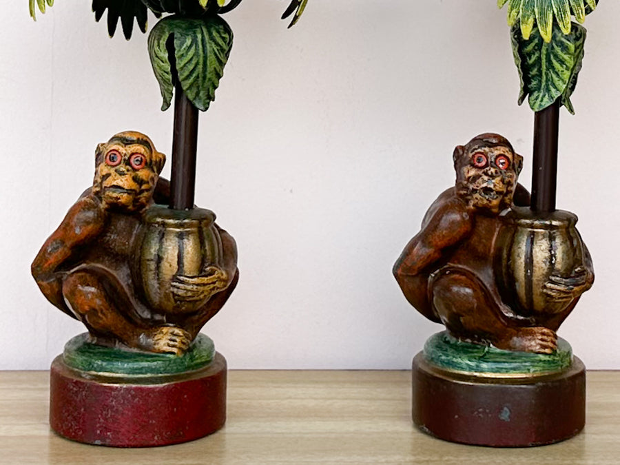 Pair of Monkey and Palm Tree Candle Holders