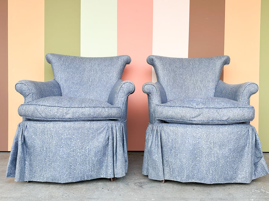 Pair of Blue and White Upholstered Pagoda Chairs