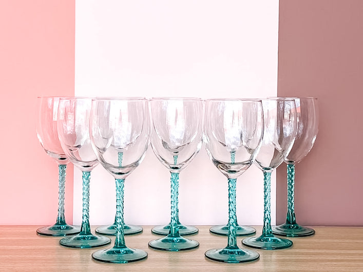 Set of Ten Teal Wine Glasses
