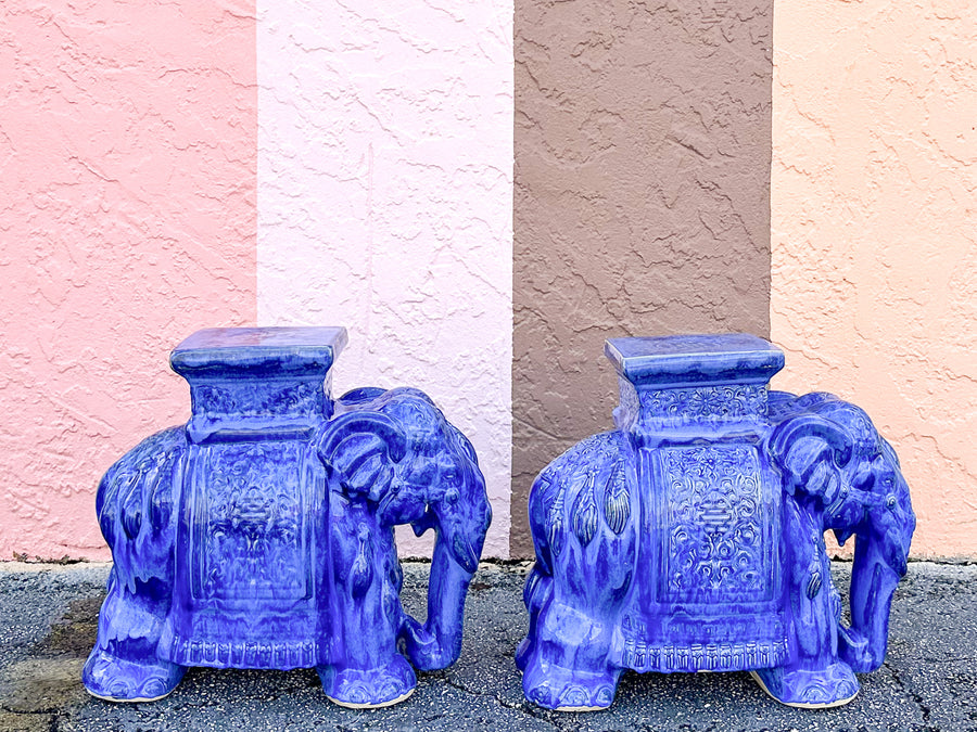Pair of Royal Blue Ceramic Elephants