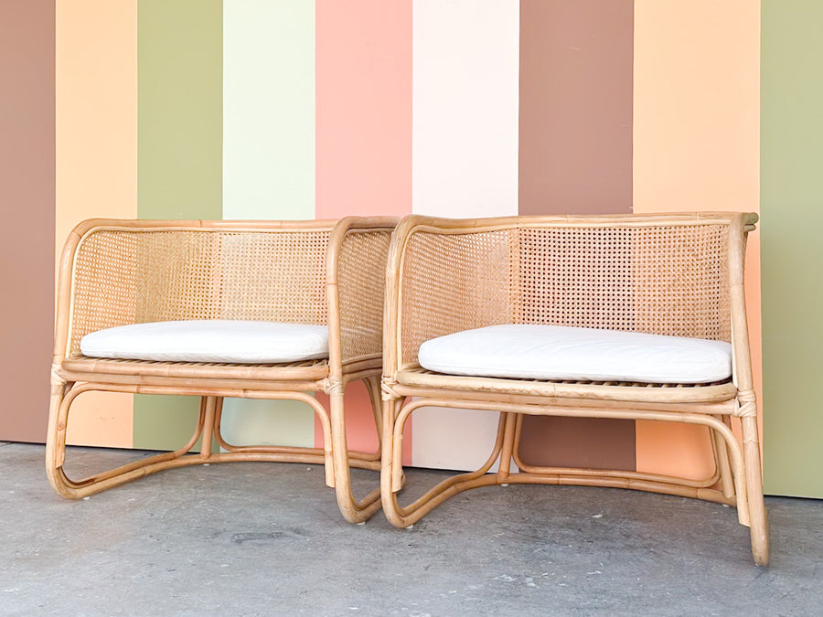 Pair of Rattan and Cane Barrel Chairs