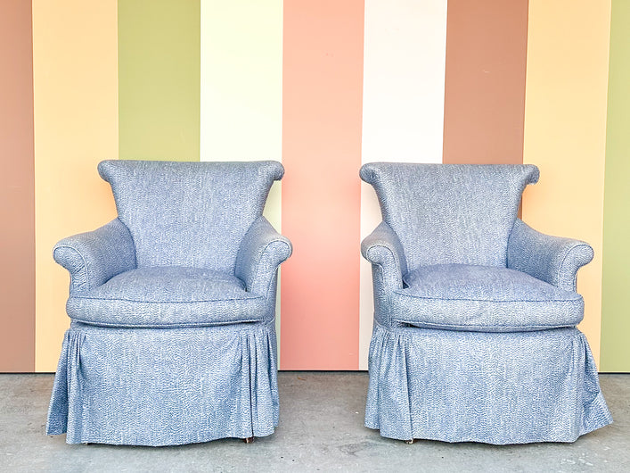 Pair of Blue and White Upholstered Pagoda Chairs