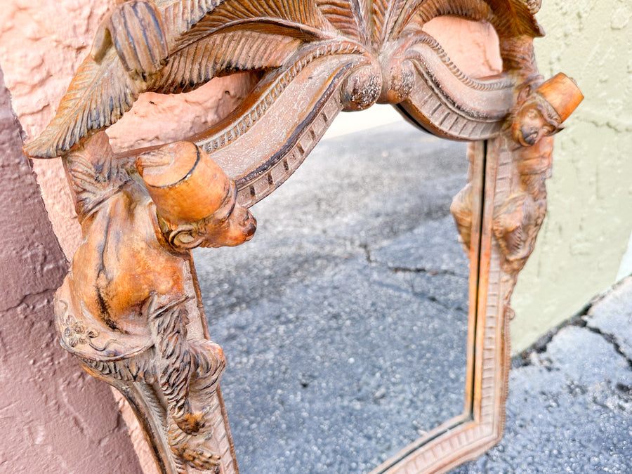 Wood Carved Palm and Monkey Mirror