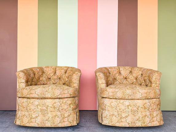 Pair of Golden Brocade Barrel Chairs on Castors