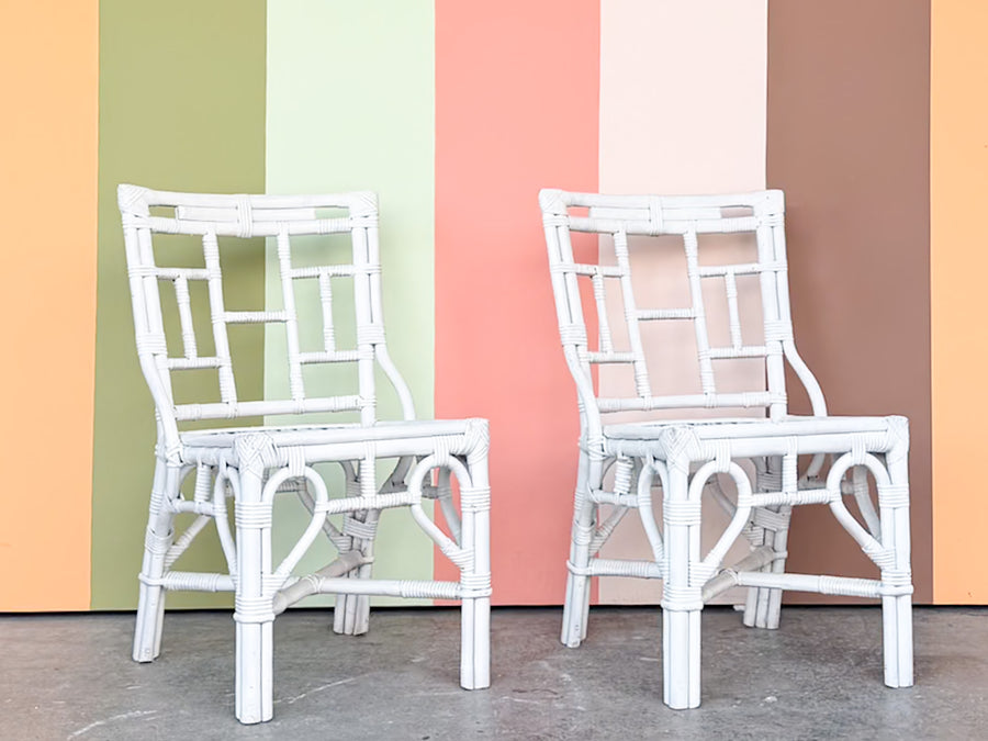 Pair of Painted White Rattan Side Chairs